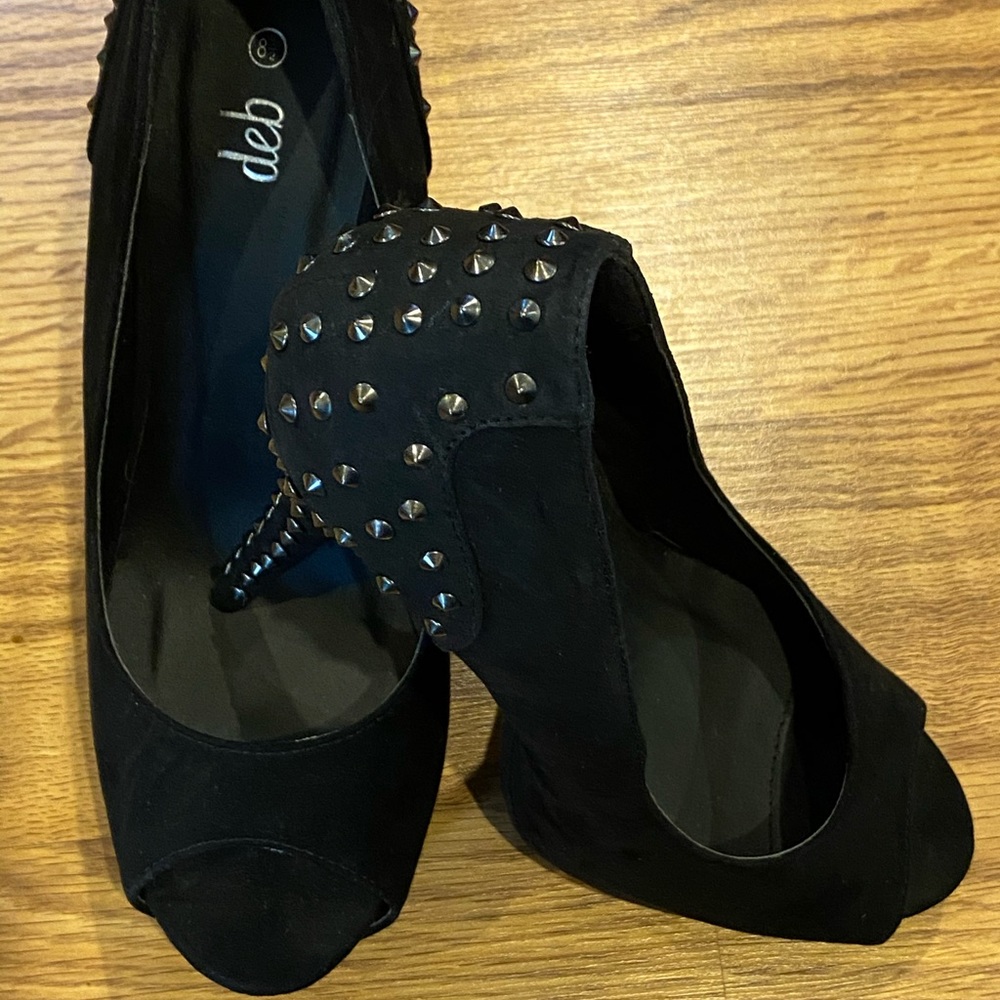 Deb 8 1/2 black suede with studded 5” heels.EUC